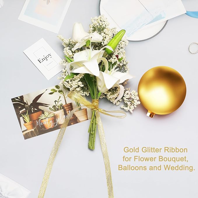 100 Yards Gold Glitter Ribbon 1 Inch, Sparkly Width Solid Fabric Ribbon for Gift Wrapping, Crafts, Holiday Wedding Birthday Party Decoration Flower Bouquet, Metallic Gold Ribbon Roll