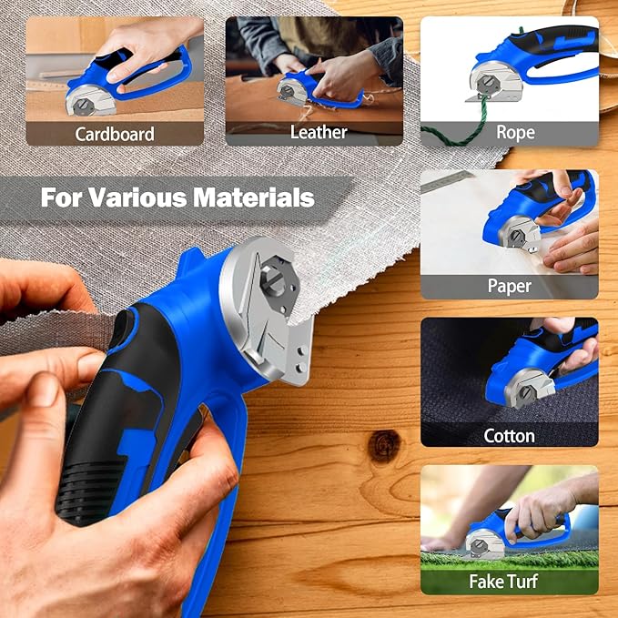 Cordless Electric Scissors, 4V Box Cutter & Cardboard Cutter with Upgrade Blade, LED Light, Safety Lock - Rechargeable Rotary Cutter for Fabric, Leather, Plastic, Sewing, Industrial (Royal Blue)