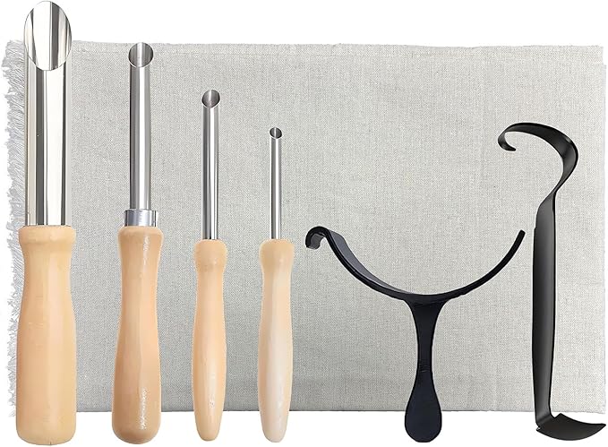 ReArt Pottery Tools 7 Pcs Pack, Special Linen Hessian Cotton Linen, Trimming Tools, 4 Pack Stainless Steel Circular Clay Hole Cutters, Centering Tool