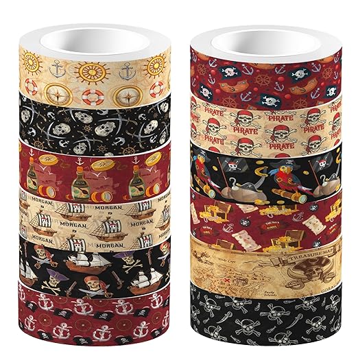 12 Pcs Pirate Washi Tape Pirate Masking Tape Decorations Vintage Nautical Decorative Paper Sticker for Journals, Planners, DIY Craft Gift Wrapping Handbook Stickers