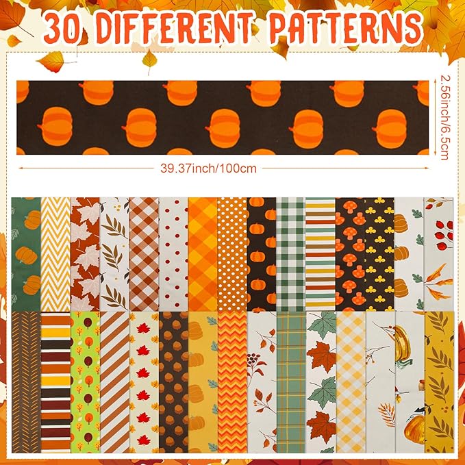 60 Pcs Christmas Quilting Fabric Roll 2.6 x 40" Cotton Fabric Strips Precut Jelly Patchwork for Craft Sewing(Fall)