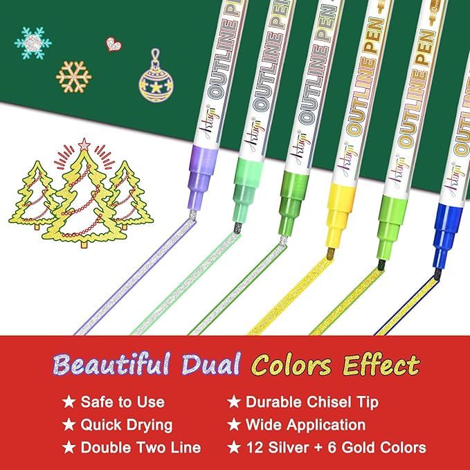 Glitter Markers Outline Pens, Christmas Stocking Stuffers 4-16 Year Old, 18 Pack Gold and Silver Shimmer Metallic Marker Arts Crafts Supplies for Kids Ages 6 to 8, 9-12 Birthday Gifts for Tweens