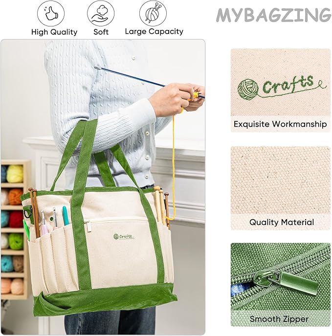MYBAGZING Canvas Yarn Storage Organizer Bag Washable Crochet Bag with Pockets for Yarn, Hooks, Needles – Travel Knitting Tote for Crafters – Gift for Crocheters & Knitters (Medium/Large)