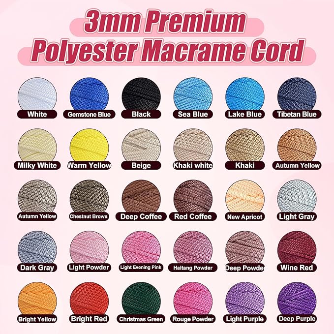 Maxee Premium Polyester Macrame Cord 3 mm × 218 yd (2 Pack),3mm 100% Polypropylene Macrame Cord,Ideal for Crochet, Wall Hangers, Bags, Rugs & DIY Crafts