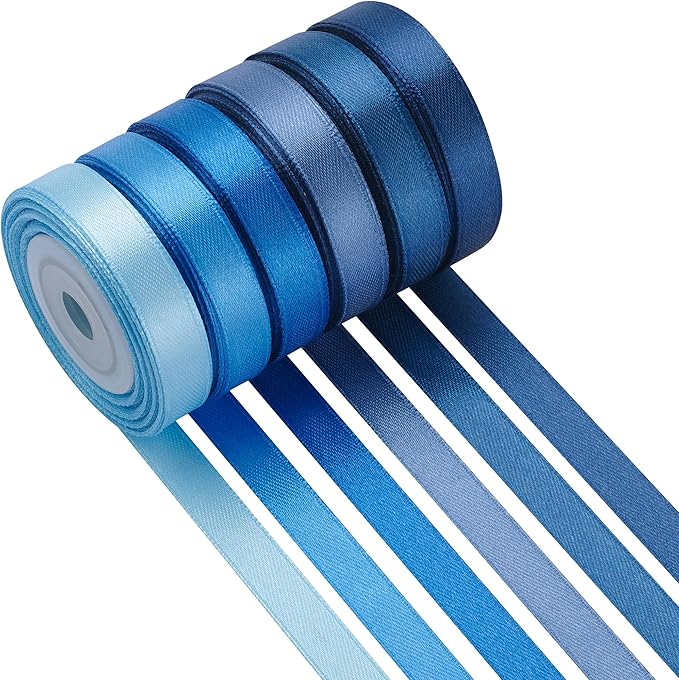 LIUYAXI Blue Satin Ribbon 3/8 Inch X 6 Rolls Total 60 Yards Double Faced Blue Ribbon Set for Gift Wrapping Craft Wedding Decoration