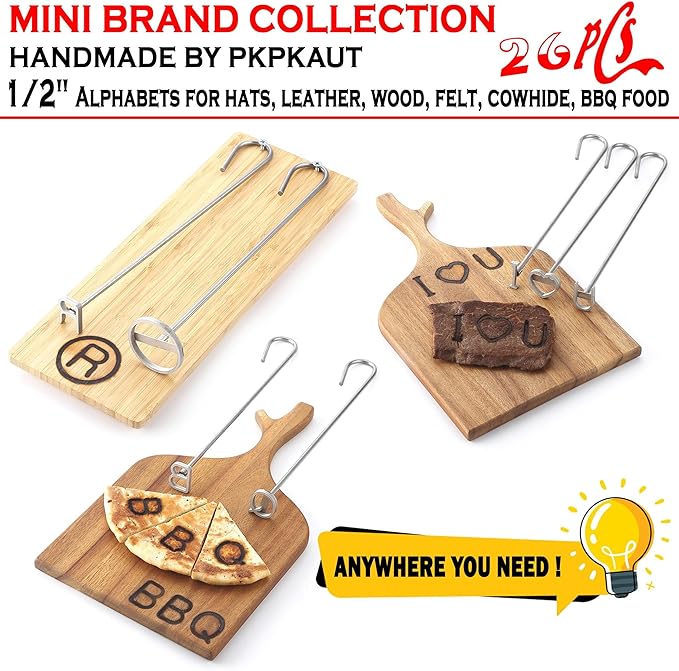 26Pcs Mini 1/2" Branding Irons, Alphabet Custom Wood Branding Iron Personalized for Wood Working, Leather Hats, Felt, Cowhide, BBQ Brander & Bread Logo, Steak Branding Iron for Food