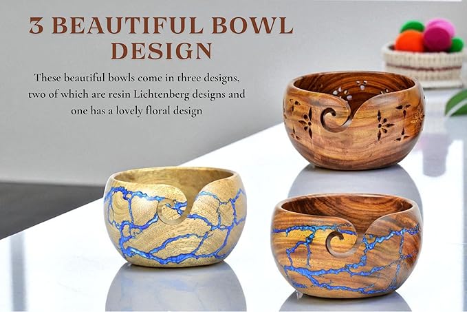 Large Yarn Bowl for Crocheting, Indian Rosewood Knitting Wooden Large Yarn Bowl Holder, Handmade Crocheting String Storage Holder, Knitting Crochet Accessories. (Lite Yellow + Blue Resin)