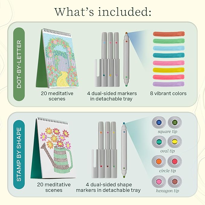Lifelines FlowArt Activity Pad, 2-Pack & Bonus Pad - Guided Dot Art Meditations with Markers - Dot-by-Letter & Stamp-by-Shape Coloring Books for Tweens, Adults & Seniors