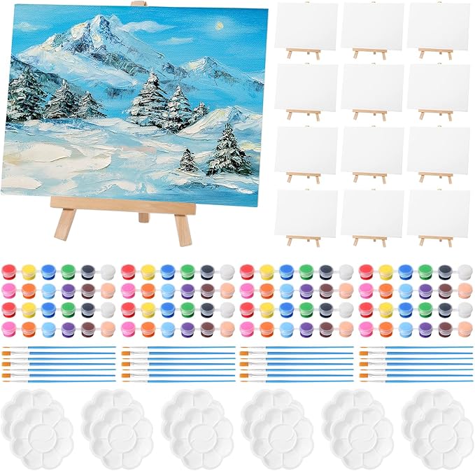 Qilery 12 Set Acrylic Paint Kit Mini Stretched Canvas with Easel, Acrylic Paints Strips, Brushes, Palette, Art Set for Kids Adults Classroom Birthday Party Favors(6 x 8 Inch)