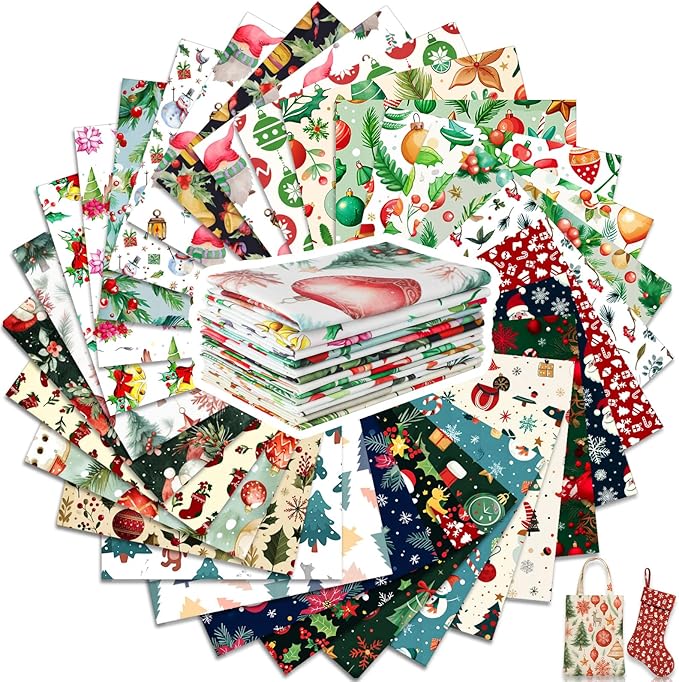 Tatuo 30 Pcs 10 x 10 Inches Christmas Cotton Fabric Bundle Squares Patchwork Floral Fabric Sewing Quilting Bundles Assorted Pattern Cloth for DIY Scrapbook Craft Making