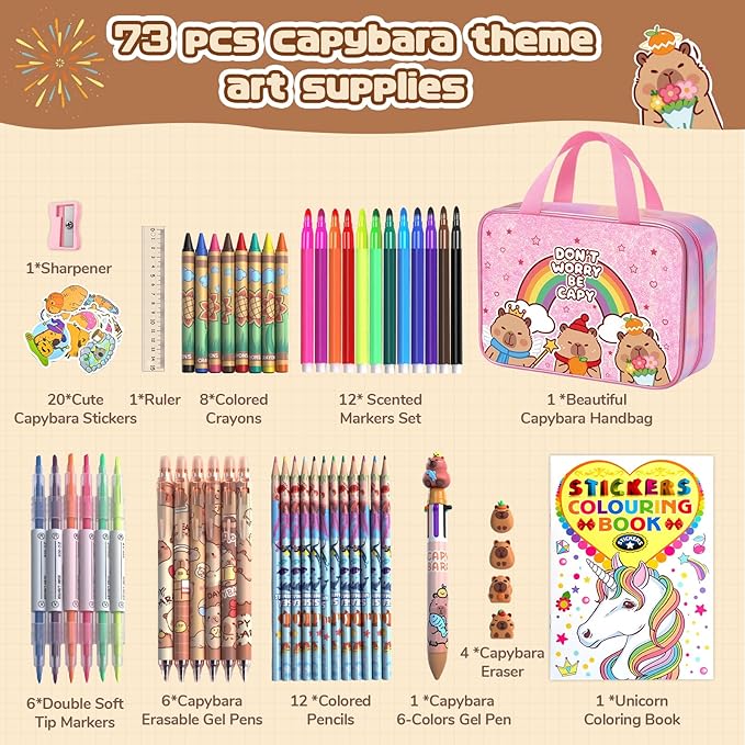 73PCS Capybara Washable Markers Set with Glitter Pencil Case,Art Supplies and Craft for Girls Ages 4-6-8,Kids Coloring Drawing Kit with Marker,Colored Pencil,Crayon,Gel Pen,Birthday Gift Toys for Girl
