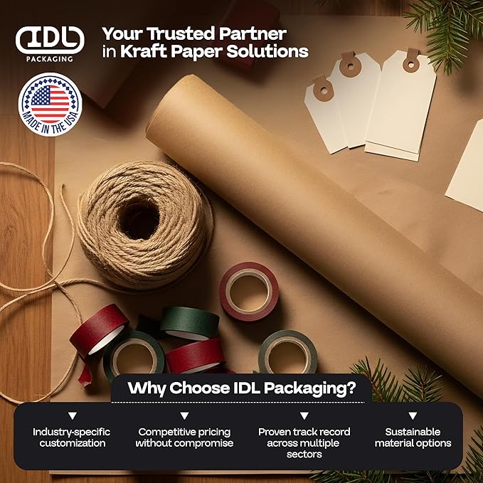 Brown Paper Roll 36" x 1800" (150 feet) - USA-Made Wrapping Kraft Paper 50lb Thickness for Packing, Moving, Shipping, Crafts, Arts, Birthday Party - 100% Recycled Gift Wrap Material by IDL Packaging