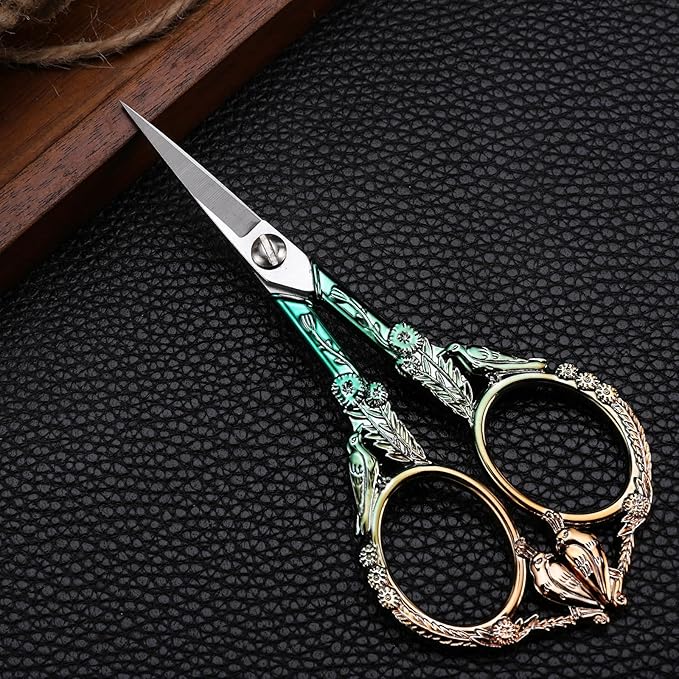 Embroidery Scissors, Sharp Pointed Sewing Scissors for Craft Cross Stitch Needlework Artwork Knitting Threading Small DIY Tools, 4.6in Gold Green Cute Bird