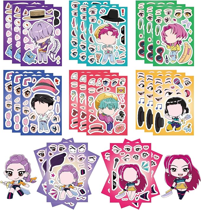 24Sheets DIY Make a Face De-mon Movie Hu-nters Stickers for Kids, 6.3”x4.3” Make Your Own Mixed & Matched with 8 Designed Characters Sticker for Birthday Party Supplies Favors Class Reward