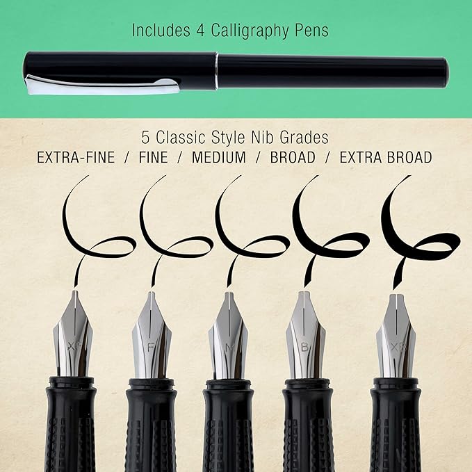 U.S. Art Supply 35-Piece Calligraphy Pen Set - 4 Pens, 5 Nibs, 22 Inks, Includes Calligraphy Pens for Writing, Beginners Handbook & Practice Paper Pad