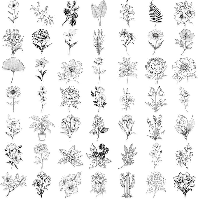 50Pcs Black and White Flower Stickers Pack, Aesthetic Plant Stickers for Laptop Journal Scrapbooking Wall Luggage Water Bottle Skateboard Planner, Waterproof Transparent PET Decals