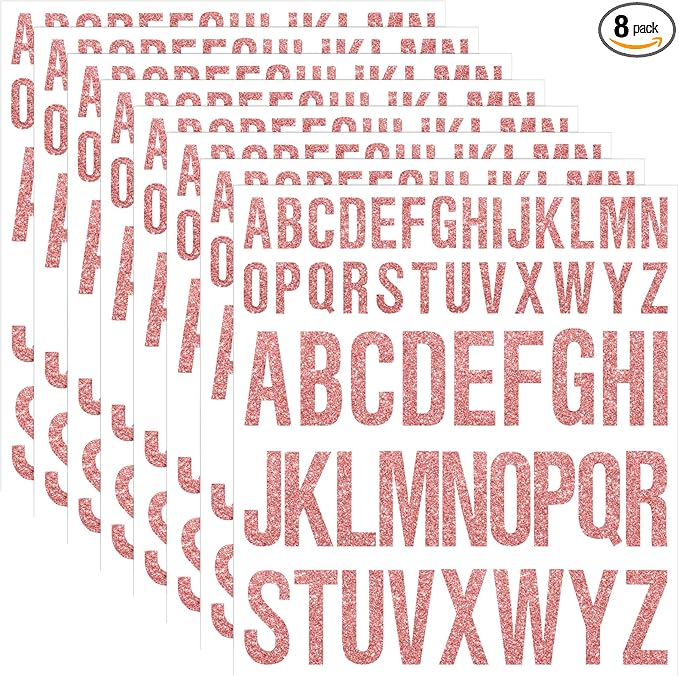 8 Sheet Glitter Letter Stickers Vinyl Alphabet Stickers Waterproof Self Adhesive Stick on Letters for Poster Bulletin Board Mailbox School Classrooms Decor(1 Inch, 2 Inch,Rose Gold)