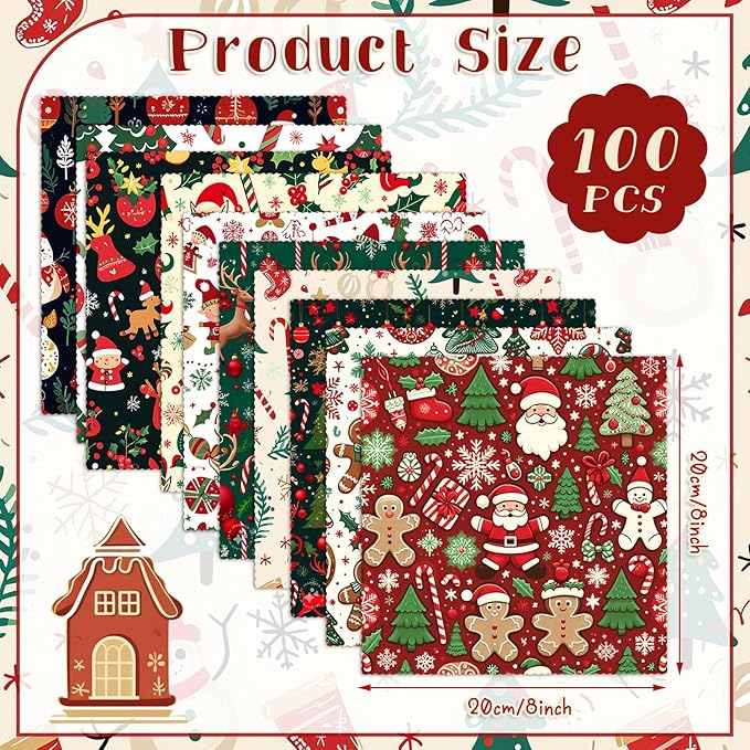 Oudain 60 Pcs 10 x 10 Inch Christmas Elf Quilting Fabric Squares Christmas Fat Patchwork Precut Strips Gingerbread Man Candy Cane Fabric Bundles for Xmas DIY Craft Sewing Handmade Materials