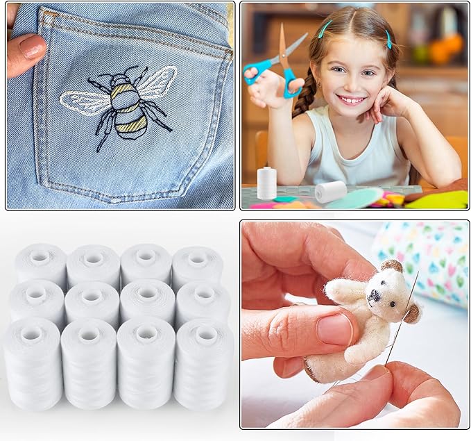 ilauke Thread for Sewing 12 Spools 1000 Yards Each, Polyester All Purpose Thread White Sewing Threads for Sewing Machine/Hand Sewing/Hand Quilting Thread