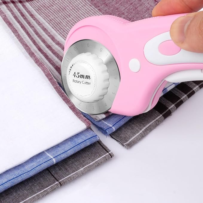 45mm Rotary Cutter for Fabric, Fabric Cutters with 5pcs Extra Rotary Blades, Roller Cutter Set for Sewing, Quilting, Leather & Craft Projects (Pink)