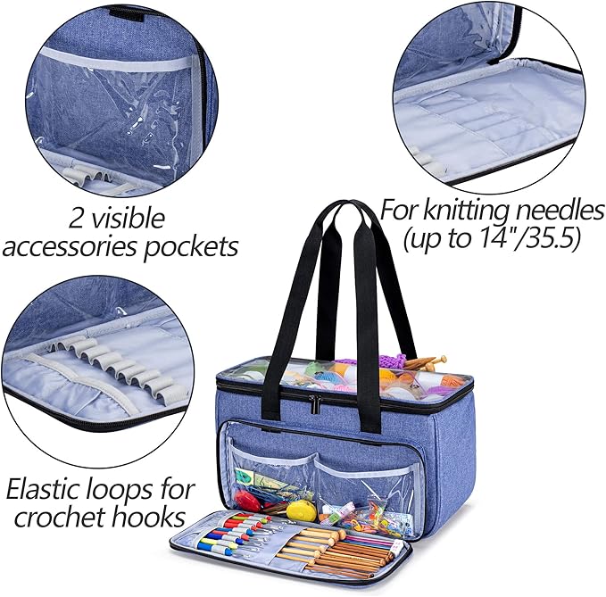 Yarwo Knitting Yarn Bag, Crochet Tote with Pocket for WIP projects, Knitting Needles(Up to 14”) and Skeins of Yarn, Christmas & New Beginnings Gifts for Women, Blue (Bag Only)