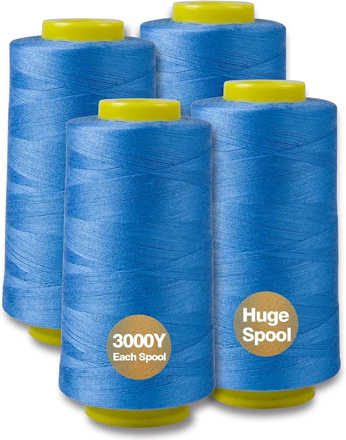 Azure Blue Serger Thread, All-Purpose Thread for Sewing, Thread, Polyester, 4 Cones of 3000 Yards Each Spool for Sewing Machine