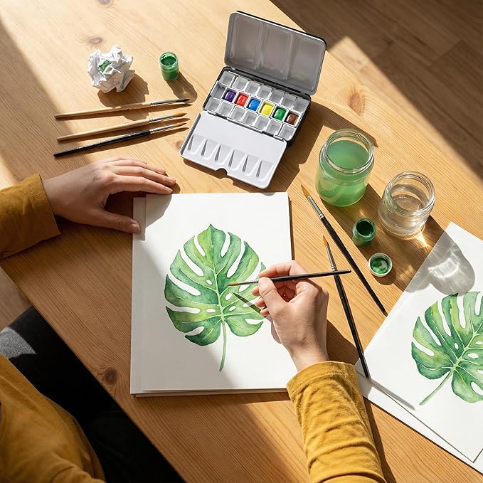 DUGATO Small Empty Watercolor Palette Tin with Lid - Includes 20 Half Pans, 4 Fold-Out Mixing Areas - Metal Travel Box for DIY Art Supplies