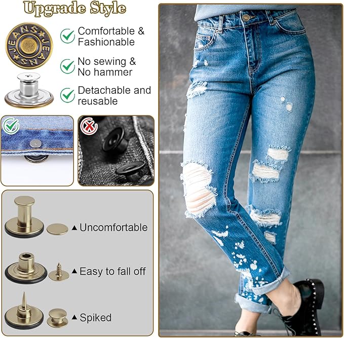 10 Sets Jean Buttons for Loose Jeans, 17mm Jean Button Replacement, Removable Jean Button Replacement Repair Kit with Threads Rivets and Screwdriver, Zinc Alloy Jean Buttons Repair Kit