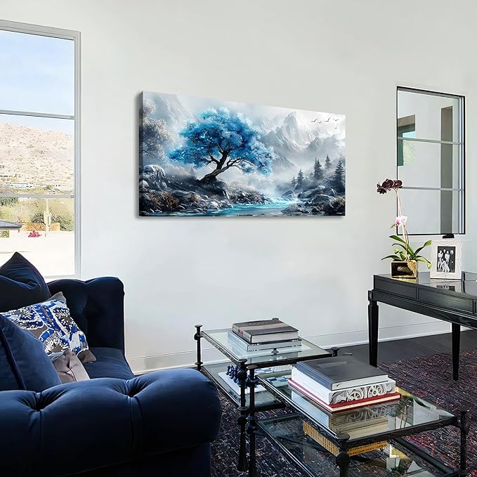 WENTIAO Canvas Wall Art For Living Room, Large Blue Lakeside Forest Wall Decor For Bedroom Painting Mountain Fog Landscape Wall Pictures Artwork Office Frame Canvas Art Modern Home Decoration 60X120cm