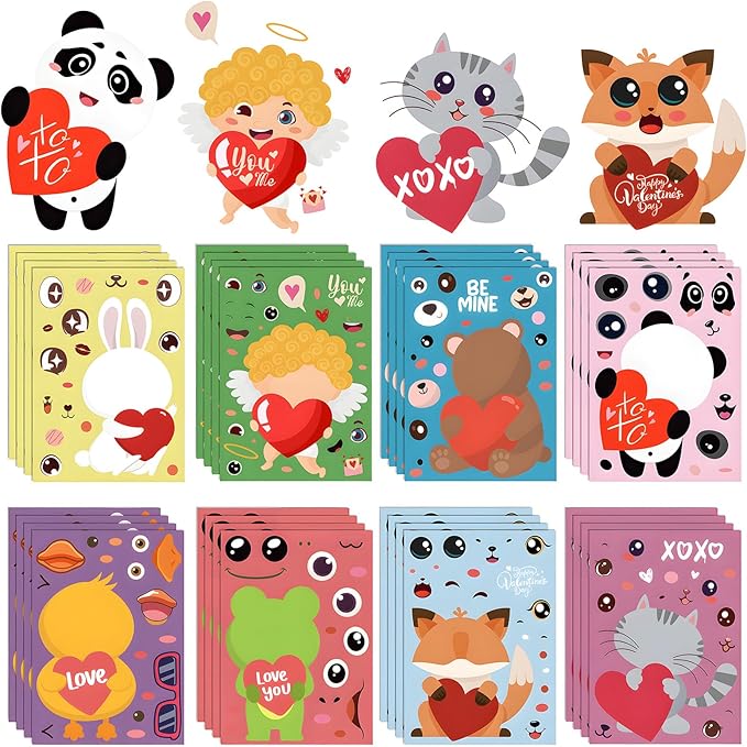 XZENTIRA 32 PCS Valentines Day Animal DIY Stickers 8 Designs Holiday Stickers for DIY Valentines Day Crafts Party Gifts Galentines Decorations