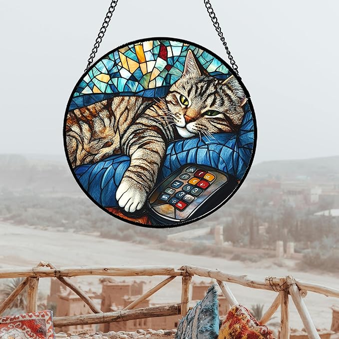 Stained Glass Window Hanging Gray Cat and Remote Control Large 11.8" - Suncatcher Door Garden Kitchen Sun Catcher Home Decor Birthday for Lost Pets Mom Men Woman Friend Grandma