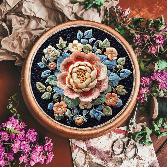 FONNUY Floral Embroidery Kit, Cross Stitch Kits for Beginners, Handmade Crafts with Printed Patterns for Beginner Adults, Easy to Follow Color Thread Needlework, 8'' Hoop (Full Bloom)