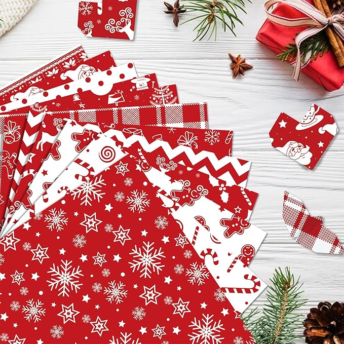 24 Sheets Christmas Scrapbook Paper 12'' × 12'' Double-Sided Xmas Red Pattern Paper Decorative Art Cardstock for Holiday DIY Crafts Card Making Scrapbook Supplies