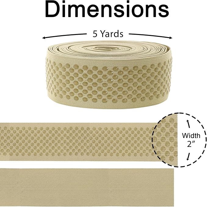 Mandala Crafts 2 Inch Elastic Silicone Gripper Tape for Clothing - 5 Yds Dotted Non Slip Elastic Band for Sewing - Beige Silicone Flat Fabric Stretchy Ribbon Straps