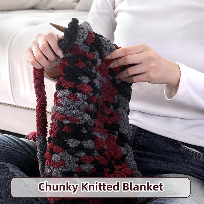 Hombys 8 Pack Giant Chunky Yarn for Crocheting/Hand Knitting - Super Bulky, Soft, Fluffy, Plush Fuzzy Tie Dye Mixed Color Thick Chenille Yarn (Wine Red, Black, Grey)