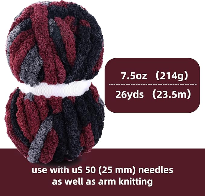 Hombys 8 Pack Giant Chunky Yarn for Crocheting/Hand Knitting - Super Bulky, Soft, Fluffy, Plush Fuzzy Tie Dye Mixed Color Thick Chenille Yarn (Wine Red, Black, Grey)