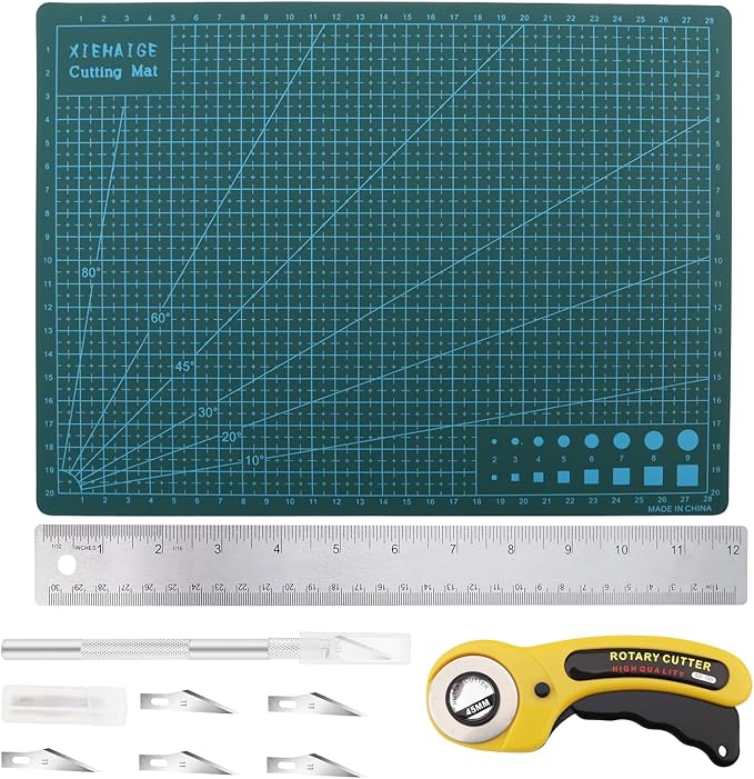 Rotary Cutter Set, 45mm Fabric Cutter, A4 Cutting Mat 11.8x8.6inch, Dual Scale Quilting Ruler and Craft Knife Set, Ideal for Crafting, Sewing, Scrapbooking, Patchworking