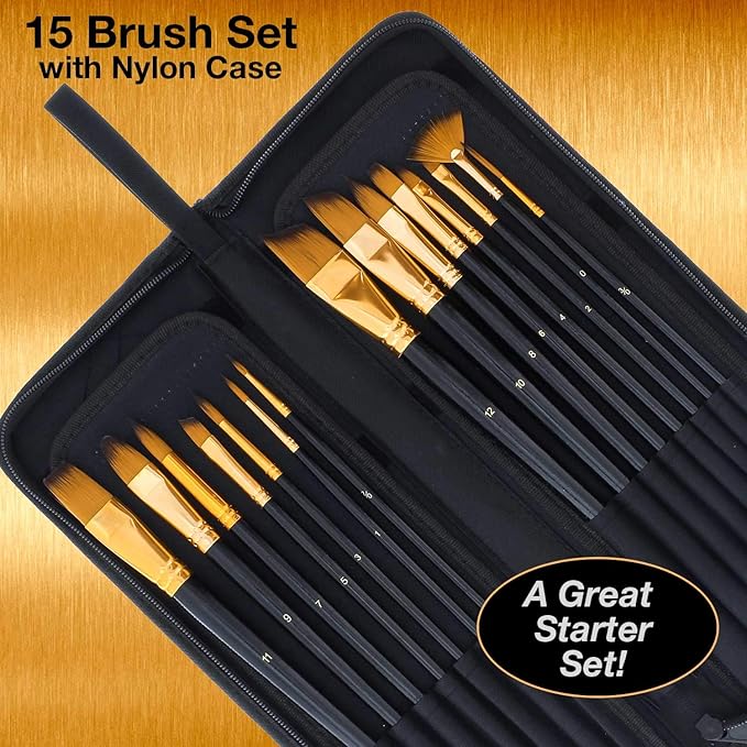 U.S. Art Supply 15 Piece Artist Long Handle Synthetic Paint Brush Set - Multi Functional Watercolor Gouache Oil Acrylic Brush Set in Zippered Nylon Pop-Up Travel Storage Case