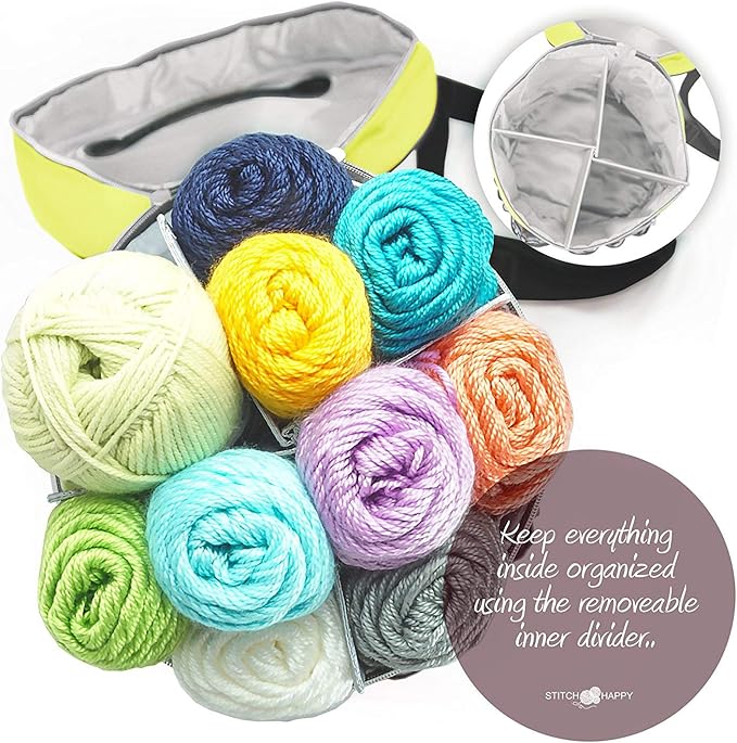 Stitch Happy Designer Crocheting Kit: 52 Piece Crochet Kit for Beginners & 7 Pocket Yarn Bag, Signature Yarn Storage - Sunshine