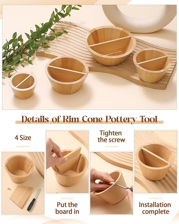 Colingmill 4 Pcs Rim Cone Shaper for Pottery and Ceramic Wooden Tools 4 Size Shaping Cone Trimming Tools for Sculpting Fixing Smoother Rounded Rim Pottery Artists and Hobbyists Supplies(S, M, L, XL)