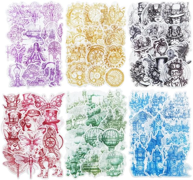 Retro Steampunk Washi Stickers, 180 Pcs Mechanical Ephemera for Scrapbooking, Journaling, DIY Crafts, and Art Supplies