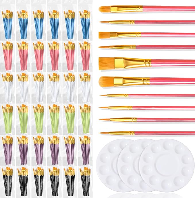 36 Sets Painting Brush Palette, 360 Bulk Paint Brushes and 36 Paint Palette Tray, Nylon Brush Head for Oil, Watercolor, Acrylic Painting, Rock Body Face Art, Party, Adult, Students