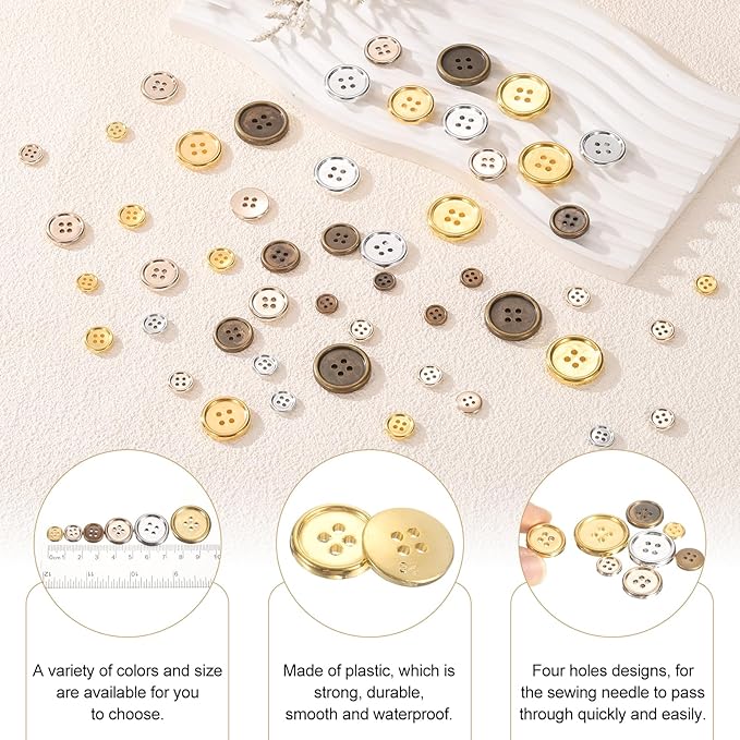 HARFINGTON 50pcs 20L Plastic Sewing Buttons 12.5mm 1/2" 4-Hole Round Replacement Craft Button for Coats Sewing Clothing and DIY, Silver