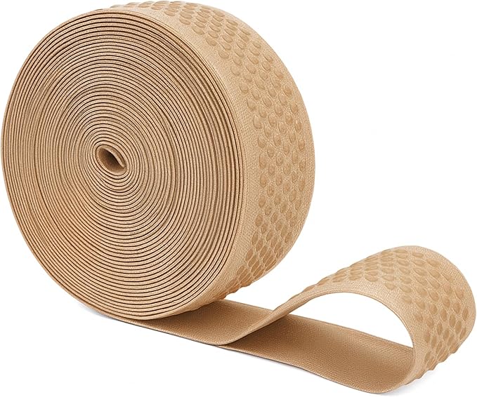 Mandala Crafts 1.5 Inch Elastic Silicone Gripper Tape for Clothing - 10 Yds Dotted Non Slip Elastic Band for Sewing - Tan Silicone Flat Fabric Stretchy Ribbon Straps