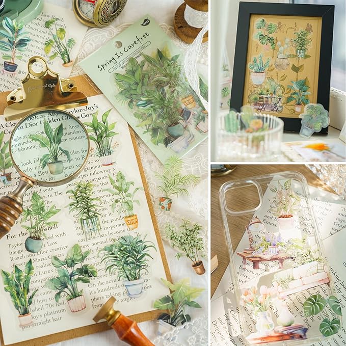 Yoksas 180Pcs Nature Green Potted Plants Stickers - Waterproof Aesthetic Botanical Scrapbook Craft Decorative Stickers for Junk Bullet Journals, Planners, Collage Album