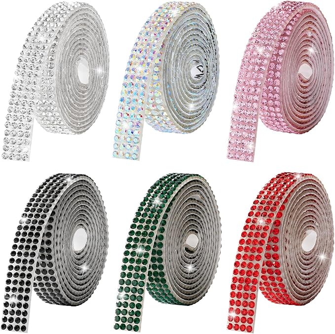 Rhinestone Ribbon Self Adhesive Crystal Rhinestones, 6-Rolls Bedazzling Strips, 6-Yard Rhinestone Strips for DIY Craft, Rhinestones Tape Self Adhesive
