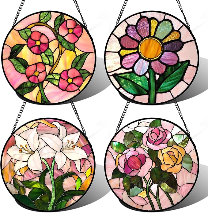 Stained Glass Window Hanging 4 Pcs Set Pink Floral Theme 7.8" - Flowers Suncatcher Door Garden Sun Catcher Decor Birthday Christmas for Mom Woman Nana Men Friend