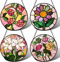 Stained Glass Window Hanging 4 Pcs Set Pink Floral Theme Large 11.8" - Flowers Suncatcher Door Garden Sun Catcher Decor Birthday Christmas for Mom Woman Nana Men Friend