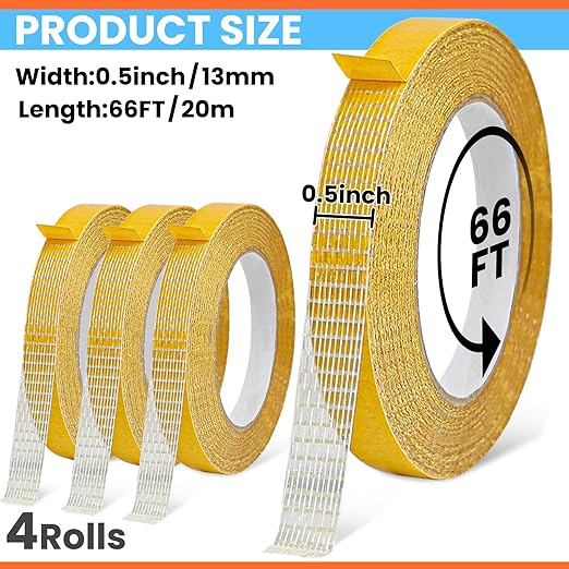 Double Sided Fabric Tape Heavy Duty for Hem, Fashion Dress, Cloth, Curtains, High Adhesive Sticky but Removable and Residue free, No Sewing or Ironing need, Multipurpose, 0.5 in x 66FT/20m x 4Rolls