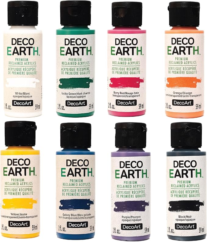 DecoEARTH Acrylic Paint Set “Basic Brights” Reclaimed Premium Paint Set of 8 (2 oz.) Environmentally Friendly